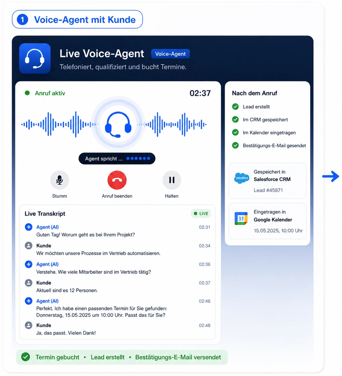 Voice-Agent führt live ein Kundengespräch und qualifiziert den Lead